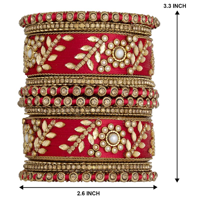 Aheli Traditional Wedding Designer Silk Thread Faux Stone Studded Bridal Bangle Set Chuda Indian Ethnic Bollywood Fashion Jewelry Gift for Women (Red) - Image 4